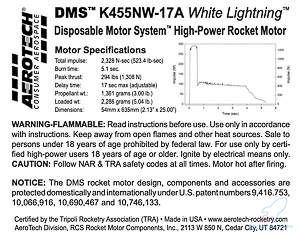 AeroTech K455NW-17A 54mm x 635mm Single Use DMS 1-Motor Kit - 114517