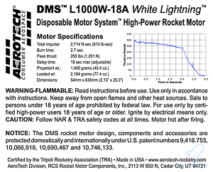 AeroTech L1000W-18A 54mm x 635mm Single Use DMS 1-Motor Kit - 121018