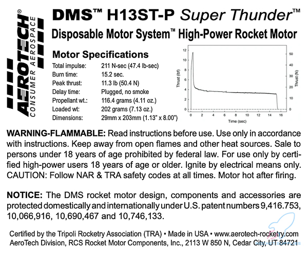 Discontinued - AeroTech H13ST-P 29mm x 147mm Single Use DMS 1-Motor Kit - 081300NTR