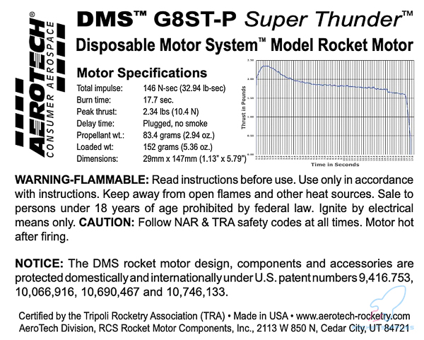Discontinued - AeroTech G8ST-P 29mm x 147mm Single Use DMS 1-Motor Kit - 070800